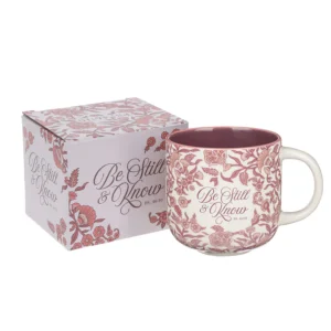 Be Still & Know Ceramic Mug with Burgundy Interior - Image 3